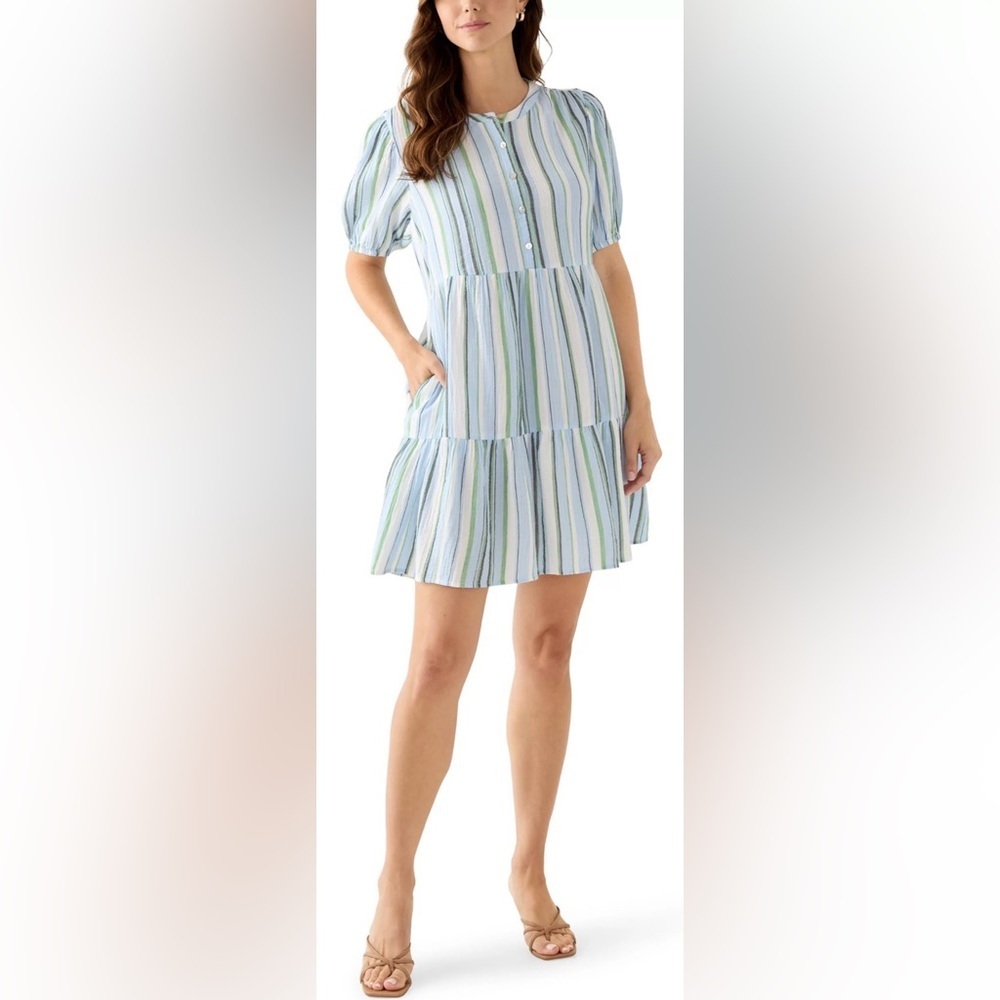 NWT WONDERLY TIERED GAUZY STRIPED DRESS. Sz. M. BEAUTIFUL COLORS, VERSATILE